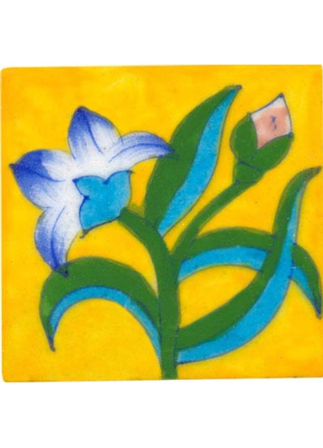 green and turquoise leaves with blue shaded flower on yellow tile 3x3