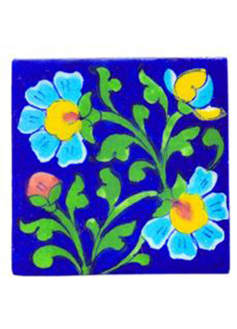 Blue Tile with Turquoise, Yellow and Pink Flowers and Green Leaves (3x3-bpt02)