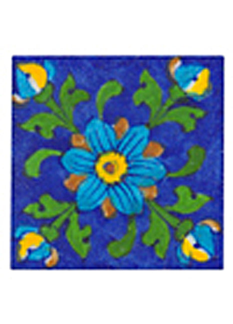 Turqouise, pink, yellow and green flower on blue tile (3x3-bpt07)