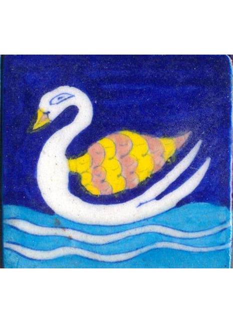 White, blue & yellow duck with turquoise wave on blue tile (3x3-bpt20)
