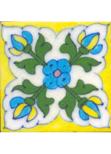 Yellow tile with turquoise flower & green leaves on white space (3x3-bpt23)