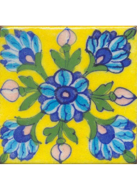 Yellow tile with blue flower, green leaves (3x3-bpt24)
