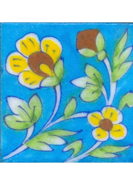 Yellow & brown flower with green leaves on turquoise tile (3x3-bpt25)