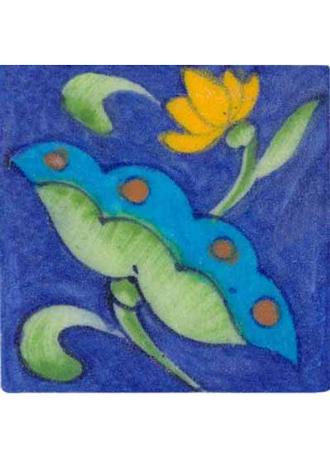 Yellow, turquoise and green flower on blue tile 3x3