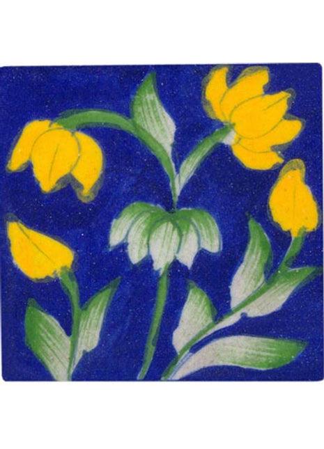 yellow green flowers on blue tile 3x3