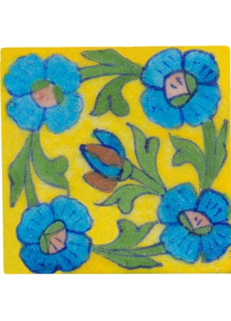 turquoise flower and green leaves round design on yellow tile 3x3