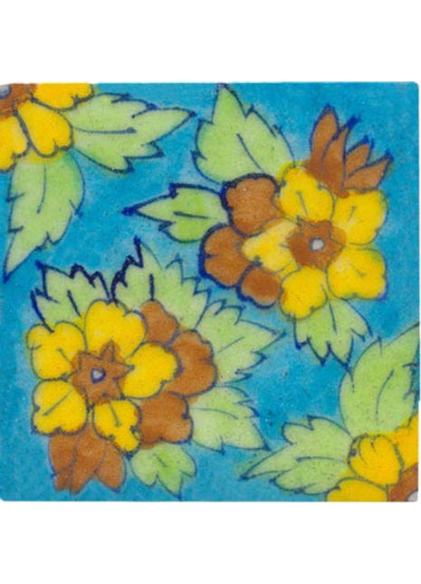 turquoise tile with yellow brown and light green flowers 3x3