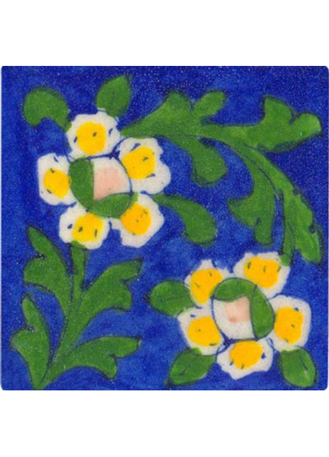 yelllow and green flowers on blue tile 3x3