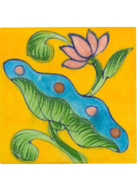 yellow tile with green pink and turquoise flower 3x3