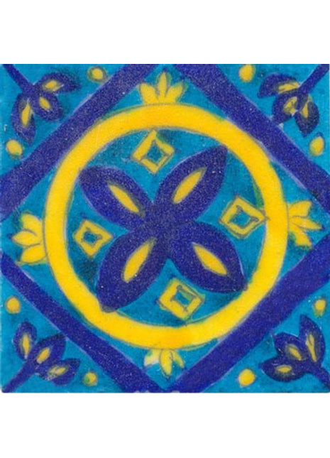 yellow and blue pattern on turquoise tile 3x3