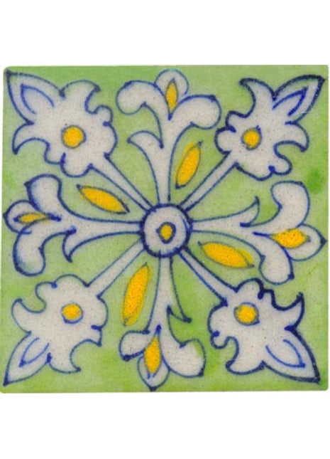 white floral design on light green tile 3x3
