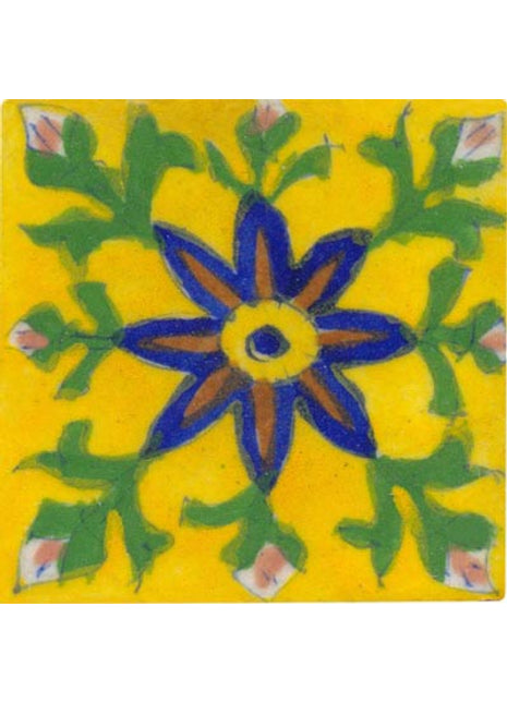 yellow tile with brown and blue green flower 3x3