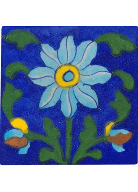turquoise green flower on blue tile 3x3