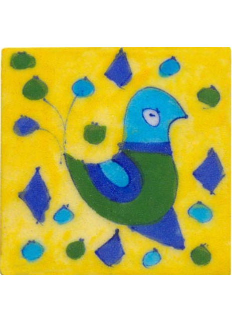 turquoise green bird on yellow tile 3x3