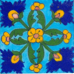 green and blue flower on turquoise tile 3x3