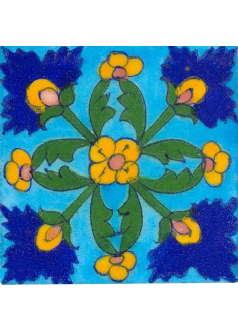 green and blue flower on turquoise tile 3x3