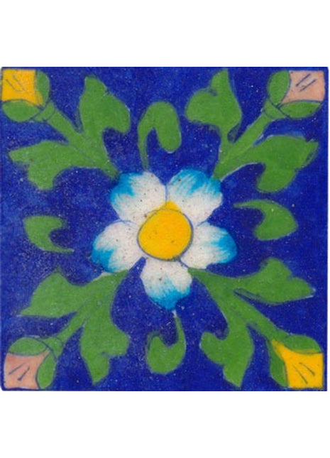 white &turquoise flower with green leaves on blue tile 3x3