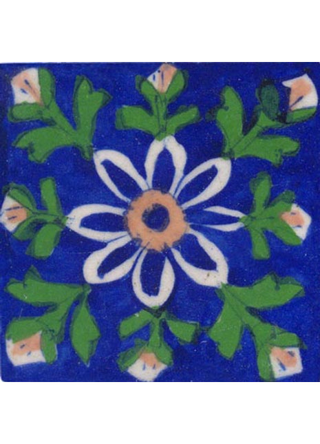 white green flower on blue tile 3x3