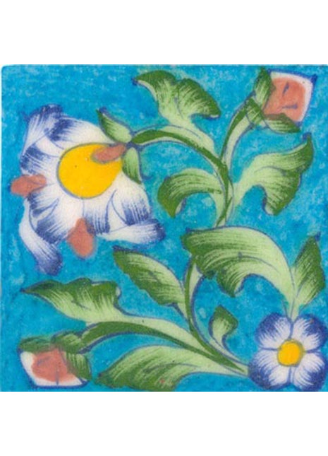 turquoise tile painted with white green flower 3x3