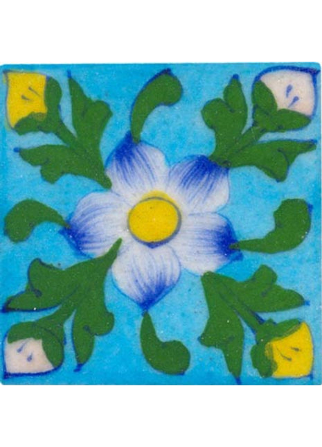 white & blue flower with green leaves on turquoise tile 3x3