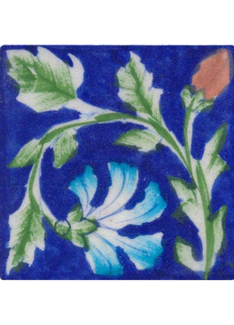 turquoise flower and green leaves on blue tile 3x3