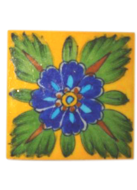 Blue and Turqouise flower with brown and green leaves on yellow tile (3x3-bpt04)