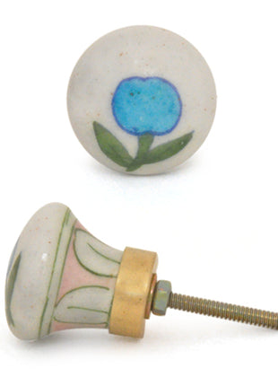 Vintage White Blue Pottery Knob With Turquoise Flower