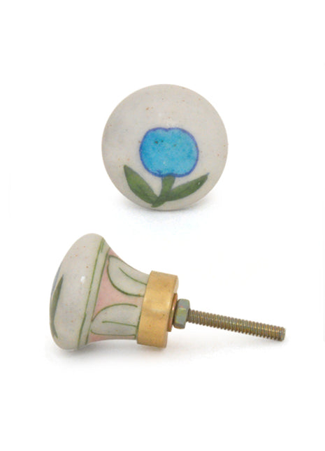 Vintage White Blue Pottery Knob With Turquoise Flower