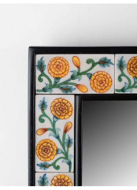 Marigold Floral Yellow And White Designer Wooden Tile Mirror