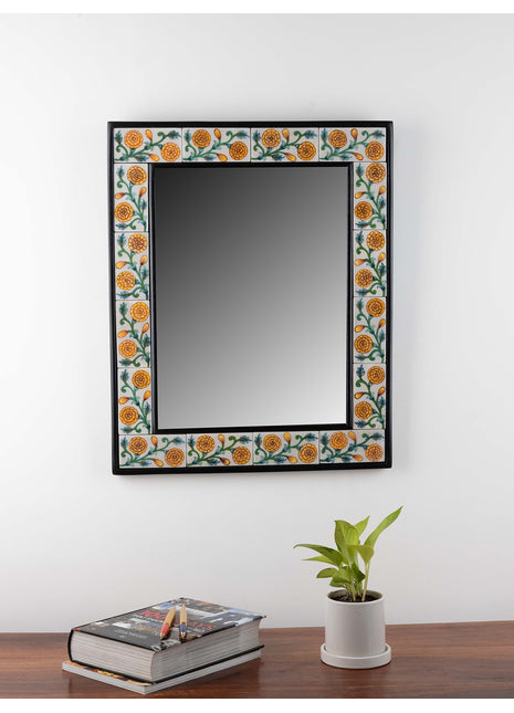 Marigold Floral Yellow And White Designer Wooden Tile Mirror