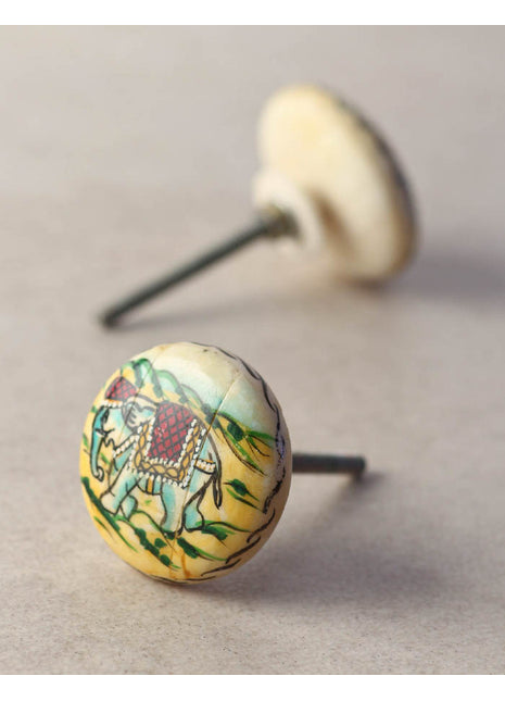 Multicolored Elephant Design On White Resin Bone Round Cupboard Knob