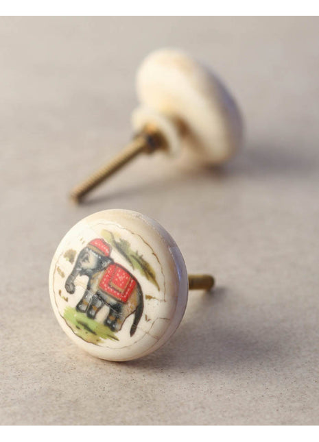 Multicolored Elephant Print On White Resin Bone Bathroom Cabinet Knob