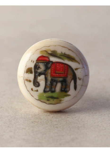 Multicolored Elephant Print On White Resin Bone Bathroom Cabinet Knob