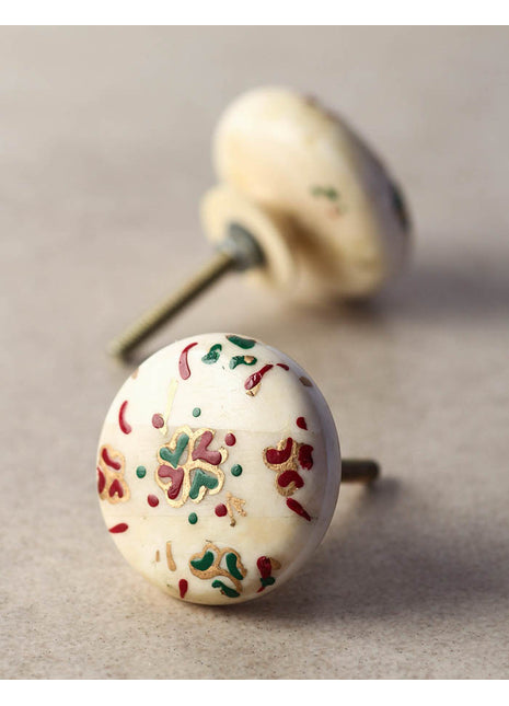 Round White Resin Bone Kitchen Cabinet Knob With Red And Green Prints