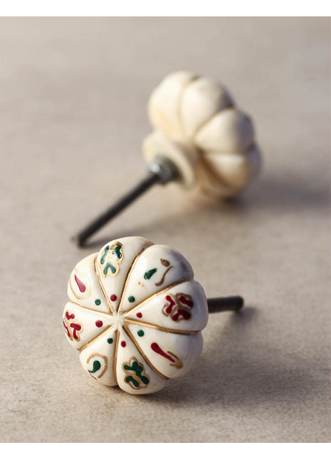 Red And Green Designs On Flower Shaped White Resin Bone Cupboard Knob