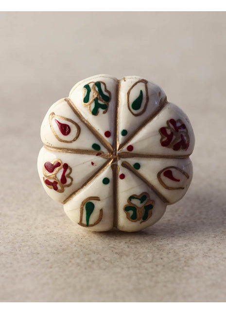 Red And Green Designs On Flower Shaped White Resin Bone Cupboard Knob
