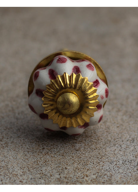 White Ceramic Drawer Knob With Maroon Leaves