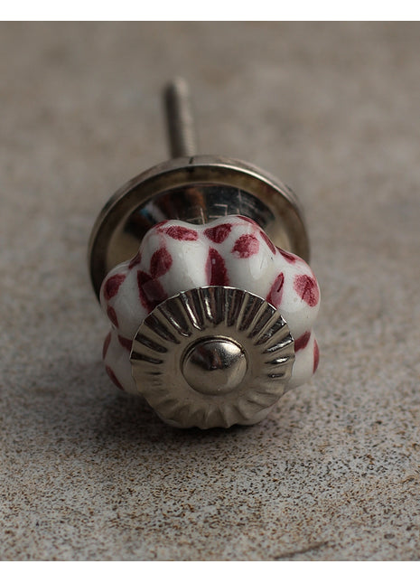 White Ceramic Drawer Knob With Maroon Leaves