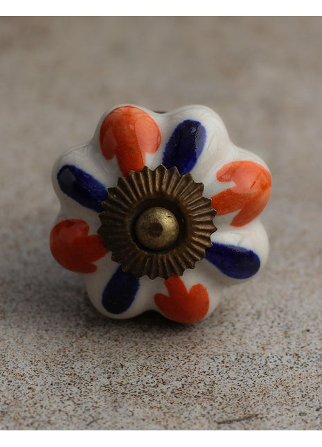 White Ceramic Flower Shaped Drawer Knob With Orange And Blue Flower