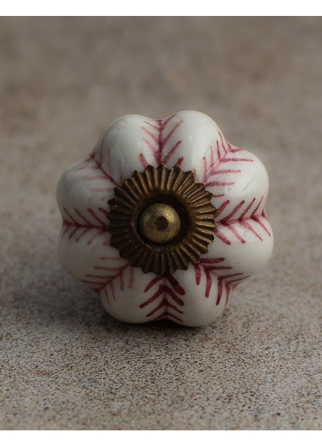 Flower Shaped White Ceramic Knob With Maroon Design