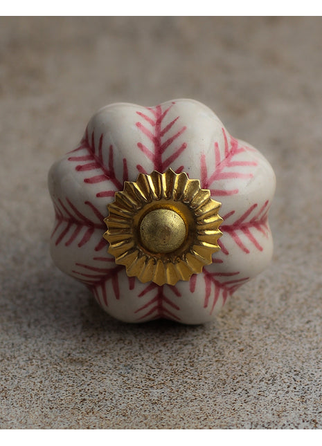 Flower Shaped White Ceramic Knob With Maroon Design