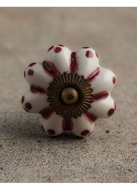White Kitchen Cabinet Knob With Maroon Floral Design