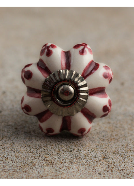 White Kitchen Cabinet Knob With Maroon Floral Design