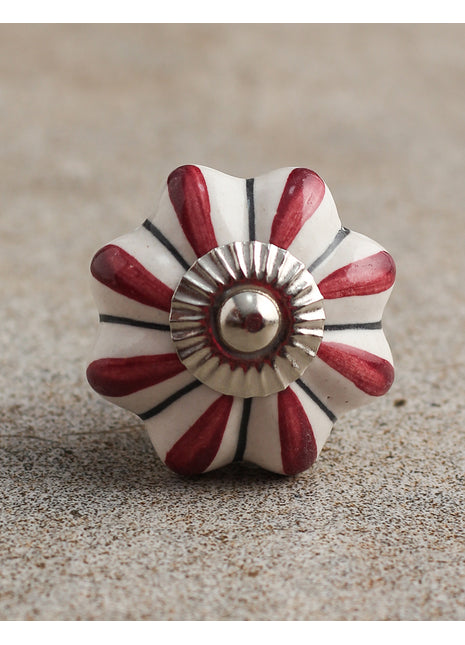 Floral White Royal Ceramic Door Knob With Maroon Print