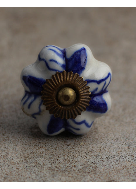 White Floral Ceramic Knob With Handpainted Blue Flowers