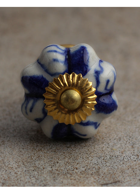 White Floral Ceramic Knob With Handpainted Blue Flowers