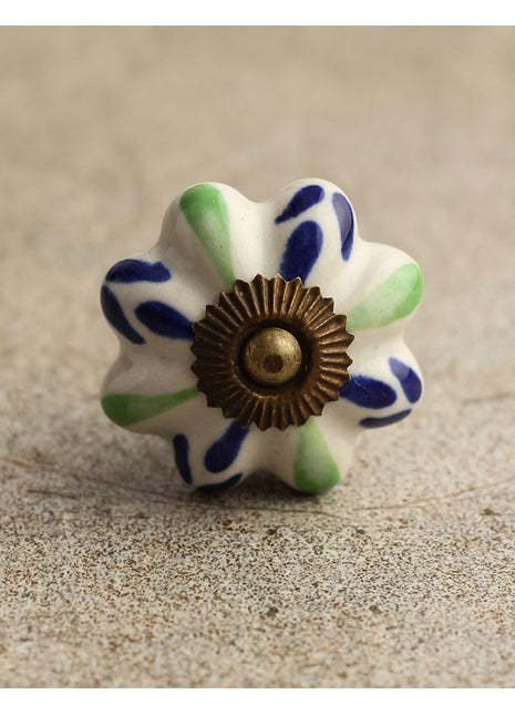 Floral White Ceramic Door Knob With Blue And Green Print