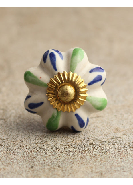 Floral White Ceramic Door Knob With Blue And Green Print