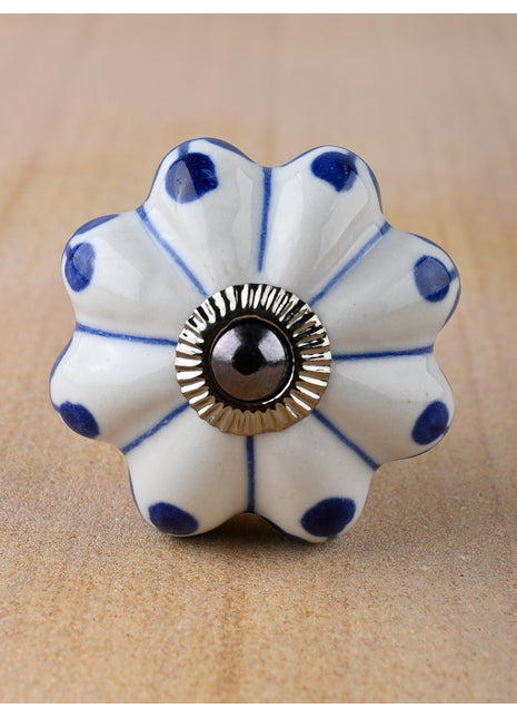 White Floral Ceramic Cabinet Knobs With Blue Design