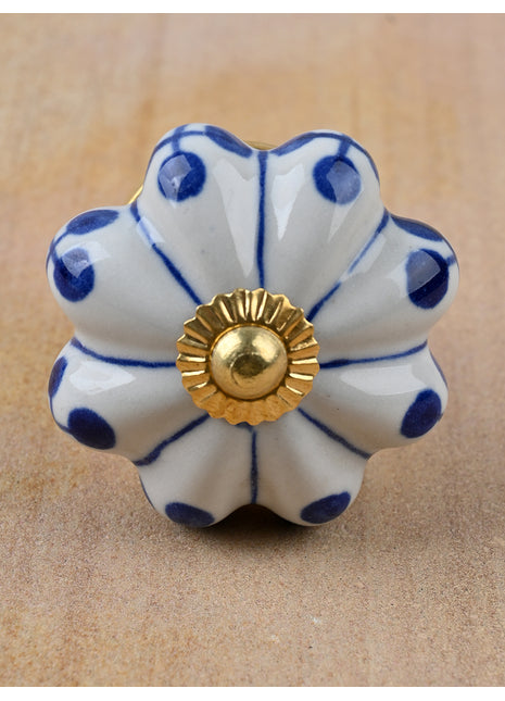 White Floral Ceramic Cabinet Knobs With Blue Design